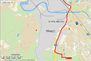 Mapa p��jezdu k tenisov�mu are�lu od �esk�ho T��na, Karvin�